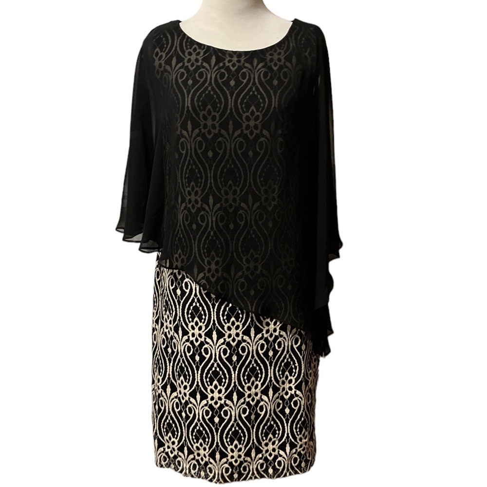 Connected Apparel black & white embroidered tank dress, attached sheer overlay